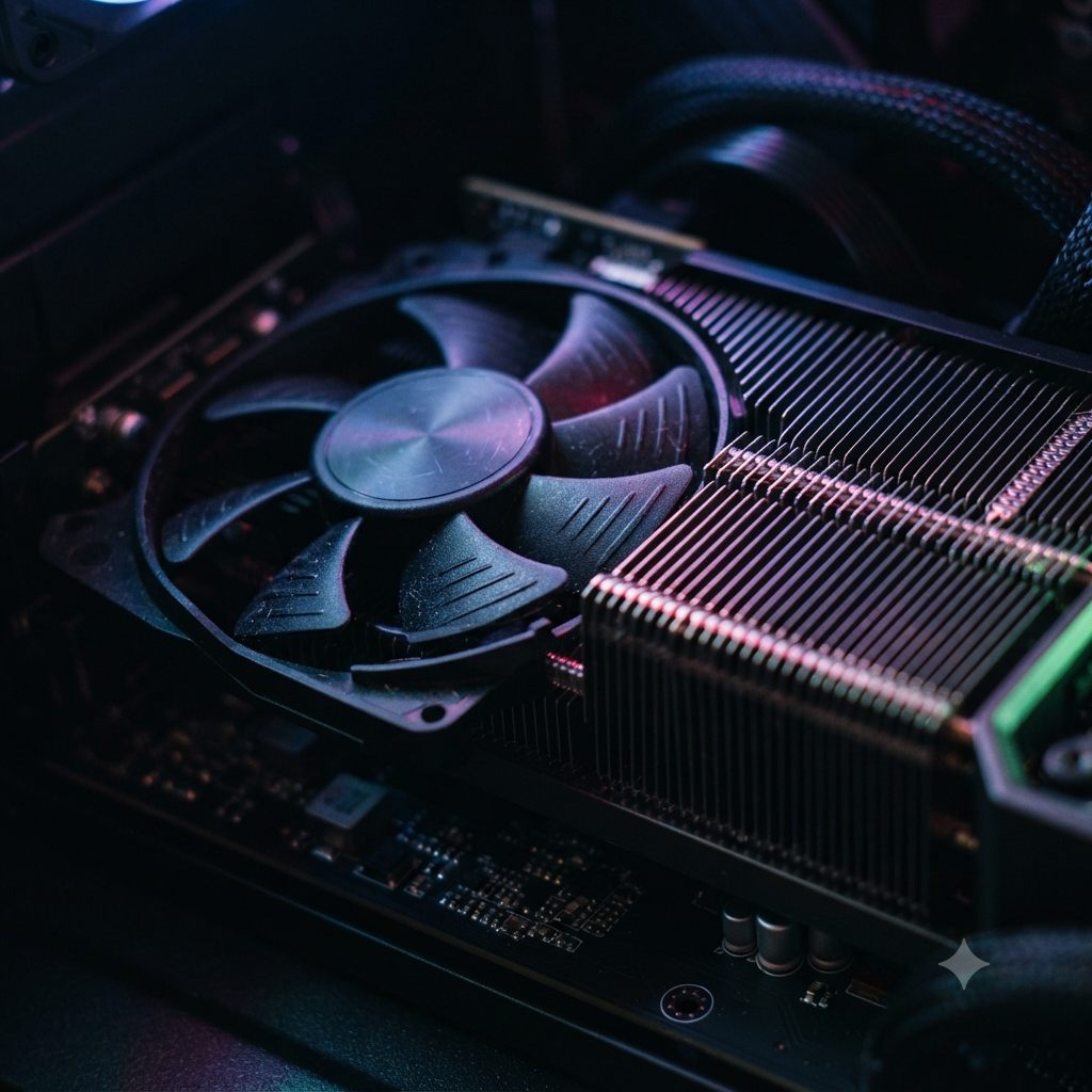 Macro shot of a graphics card fan and shroud on the workbench