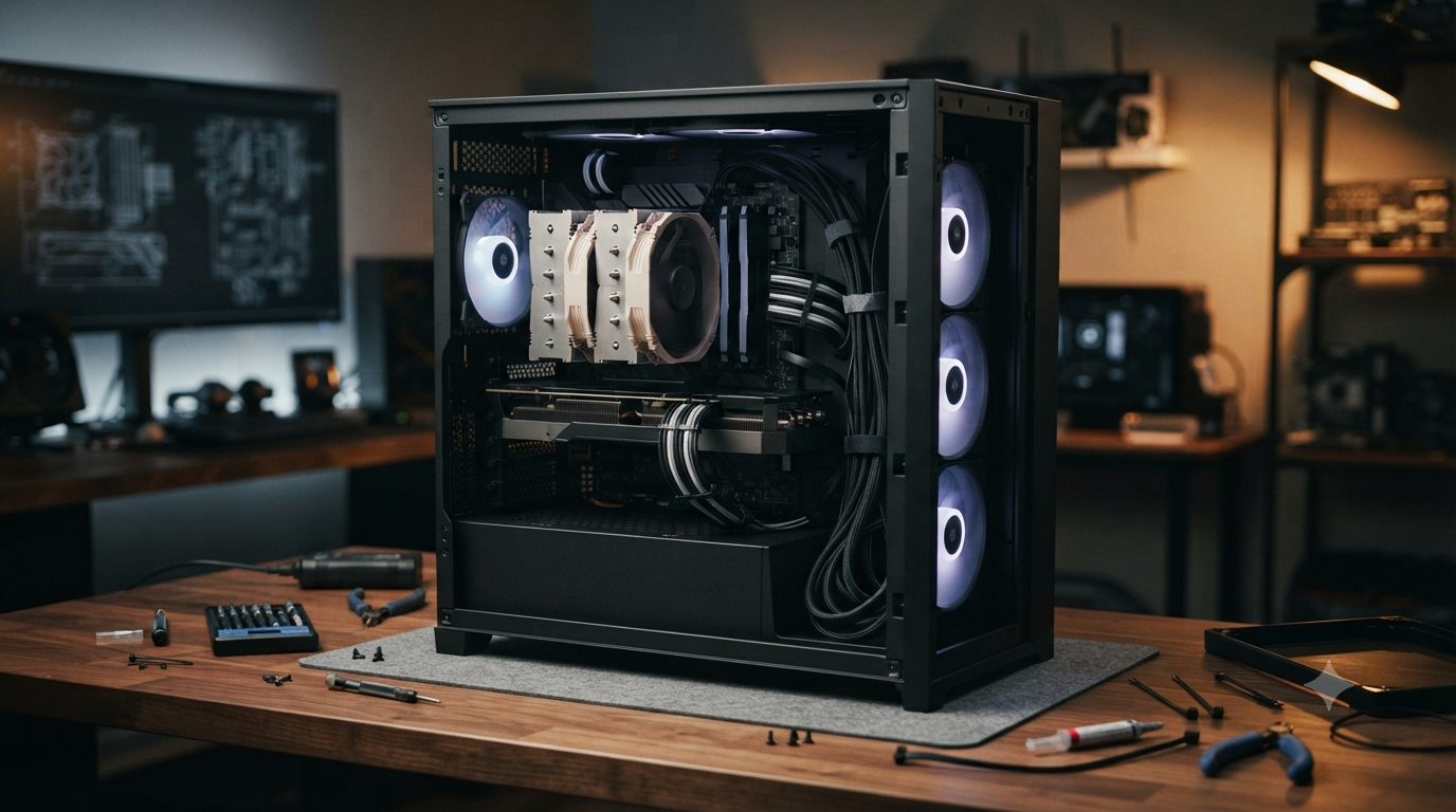 Open PC build on a workbench with components laid out mid-assembly