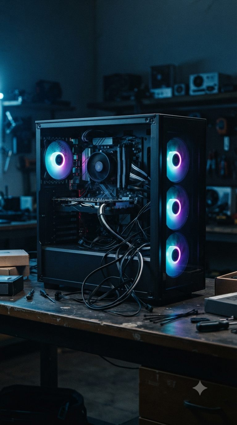 Finished PC tower with RGB lighting standing on the workbench